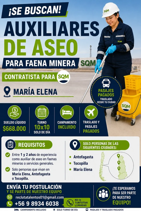 Auxiliares de Aseo para faena minera SQM - imagen 1
