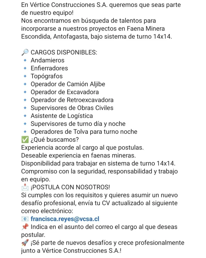 Diversos Cargos para Faena Minera Escondida - imagen 1