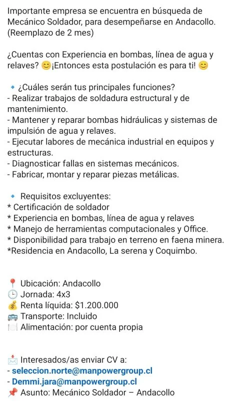 Mecánico Soldador - Andacollo - imagen 1