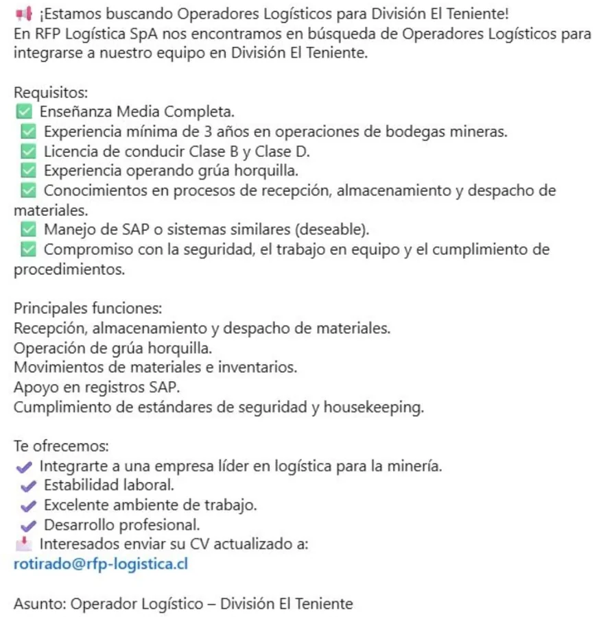 Operador Logístico - División El Teniente - imagen 1