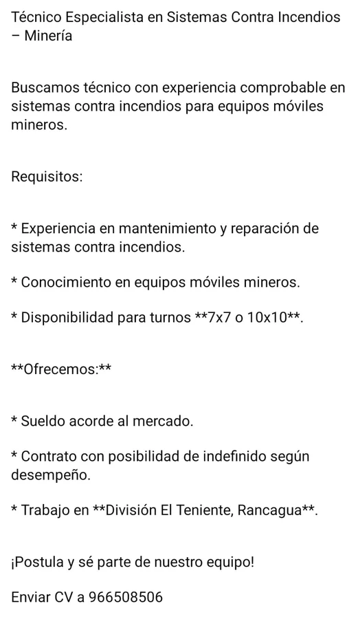 Técnico en Sistemas Contra Incendios Minería - imagen 1