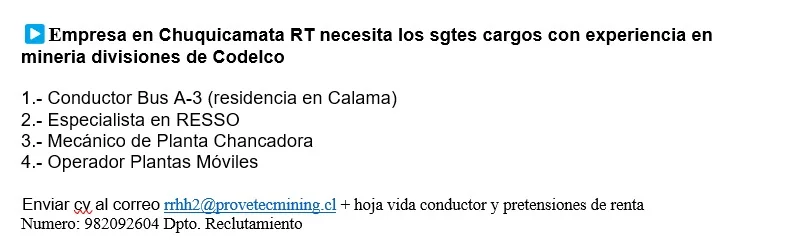 Varios cargos para faena minera en Chuquicamata RT - imagen 1