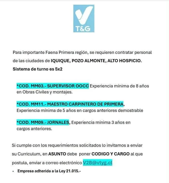 Personal para Obras Civiles en Faena Primera Región - imagen 1
