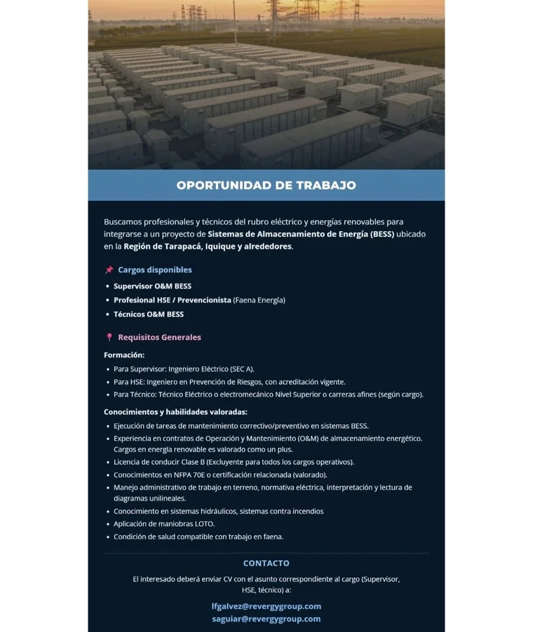Supervisor, Prevencionista y Técnicos O&M BESS - imagen 1