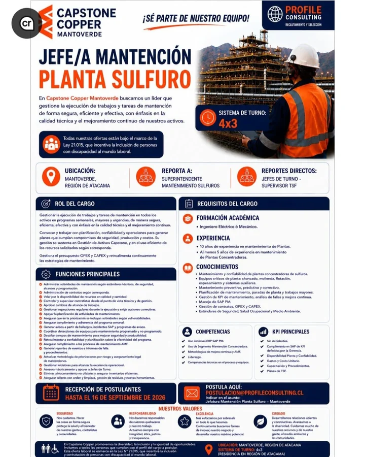 Jefe/a Mantención Planta Sulfuro - imagen 1